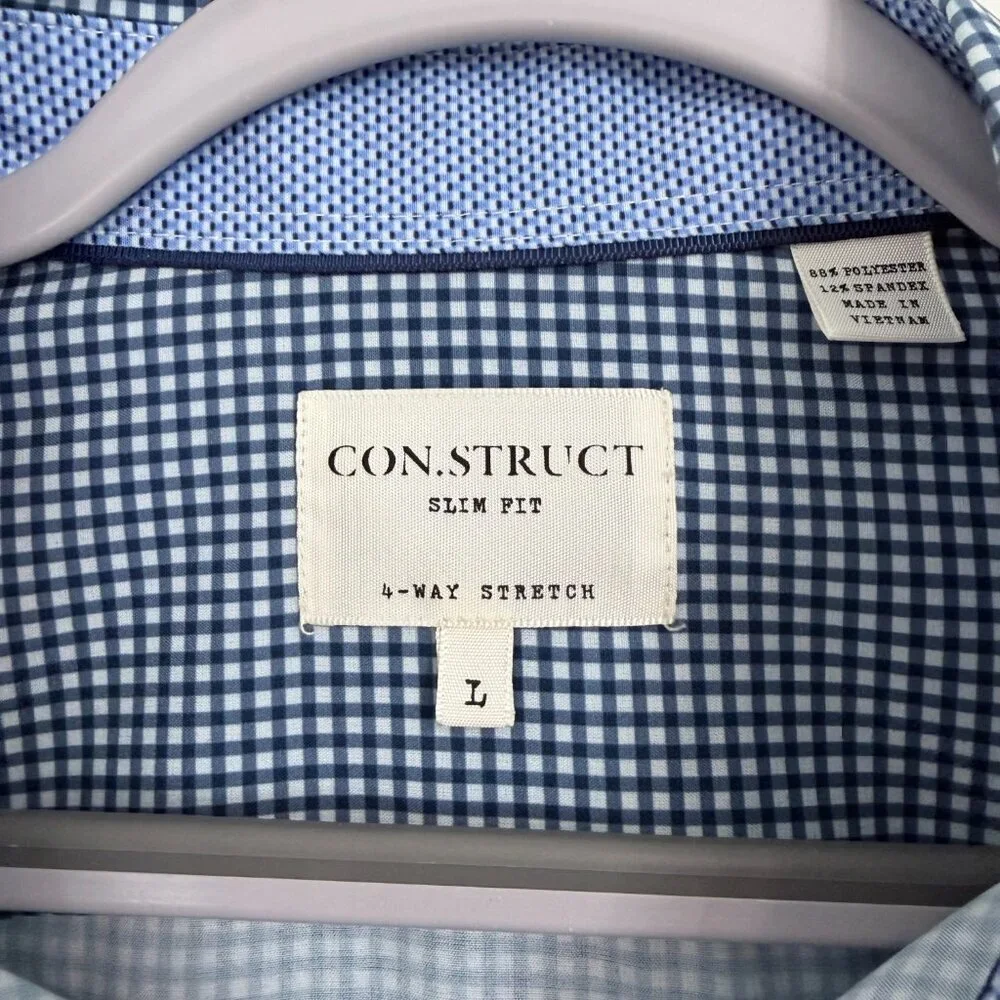 👔 **CON.STRUCT Slim Fit 4-Way Stretch Dress Shirt – Blue Micro Check – Size Lar